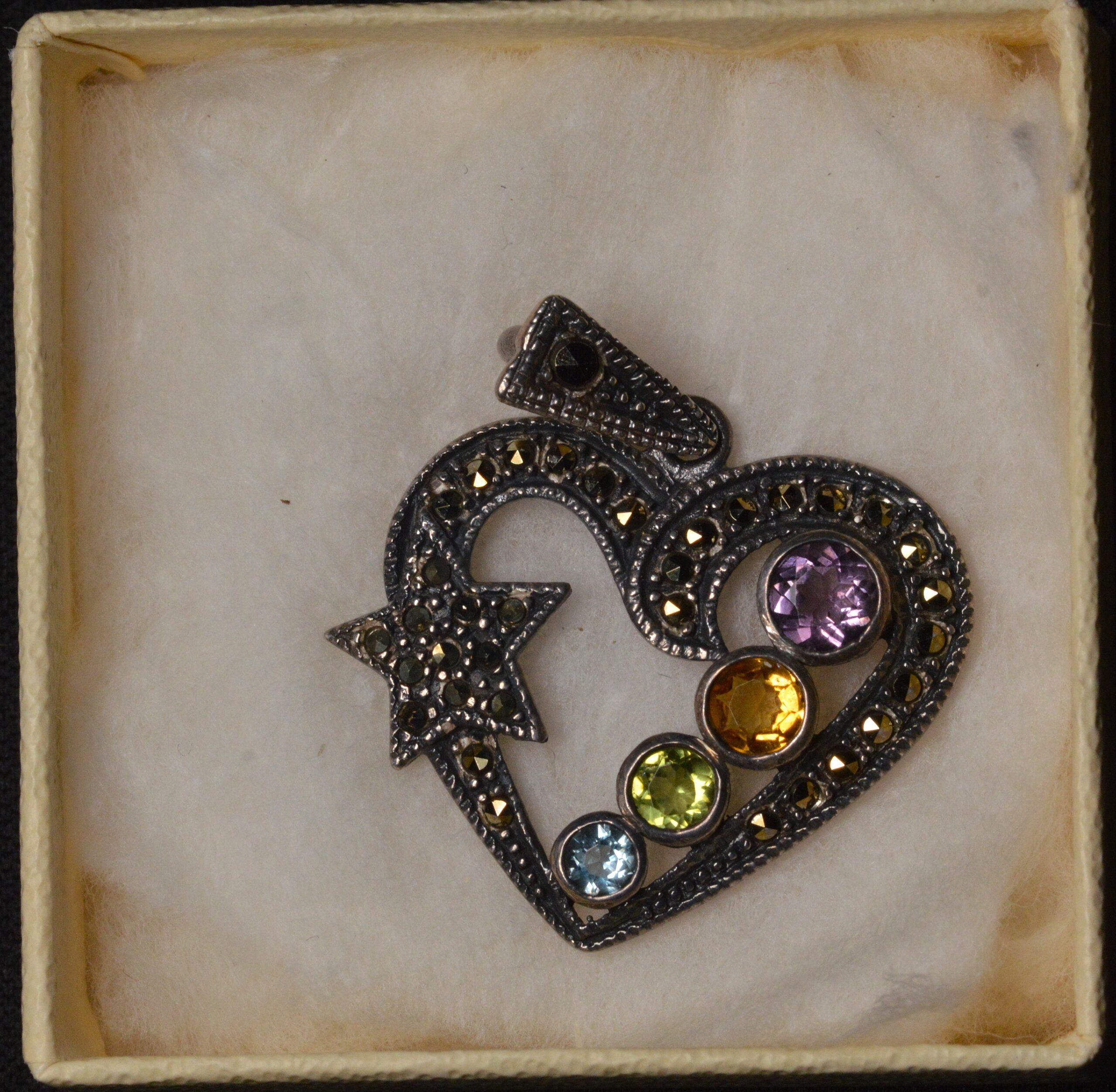 Sterling Silver Heart Charm or Necklace Pendant with Gem Stone
