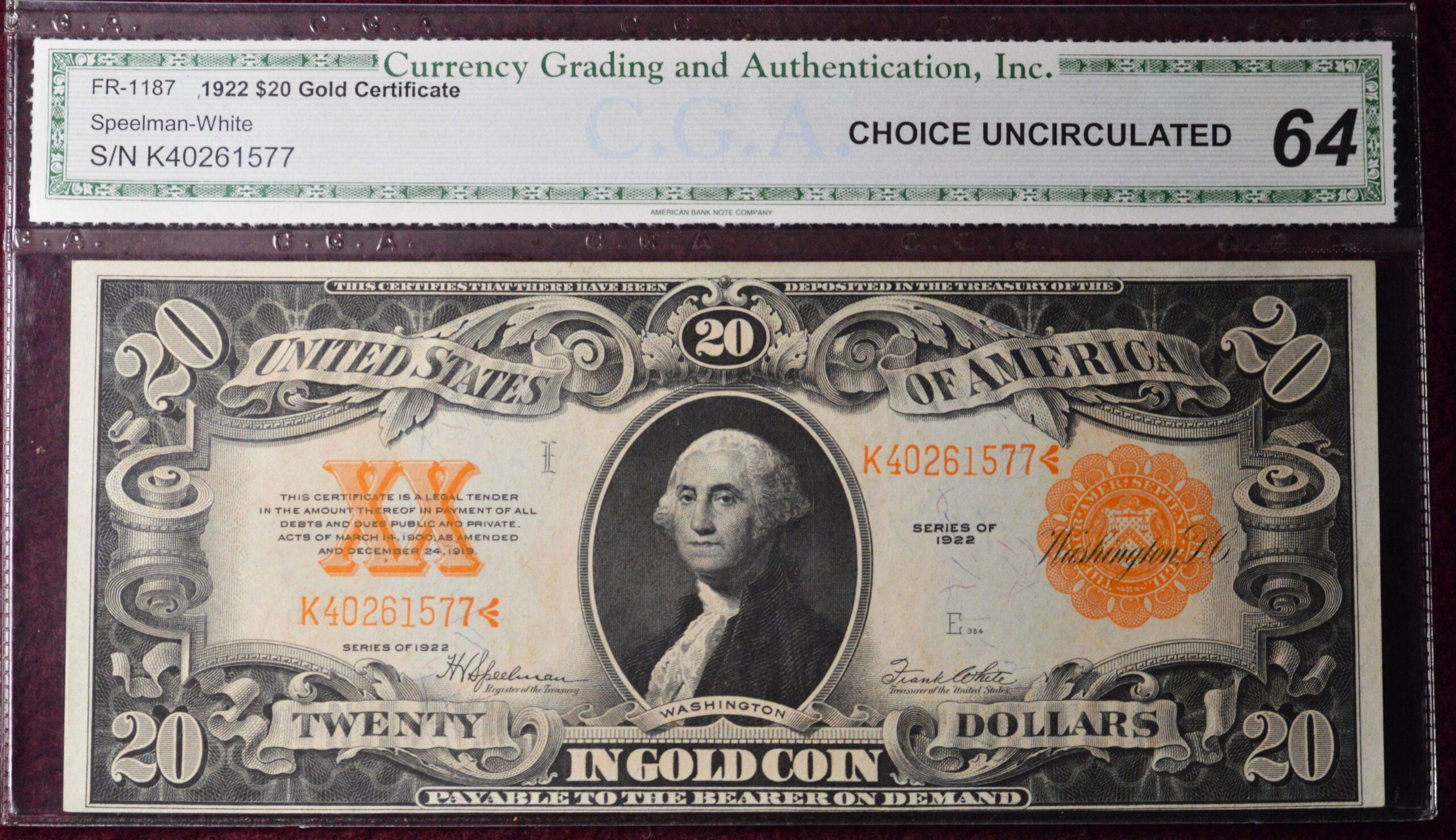 $20 Large Sized Gold Certificate CU64 but We say 65+ (EXTREME PERFECT PAPER QUALITY + COLOR!)