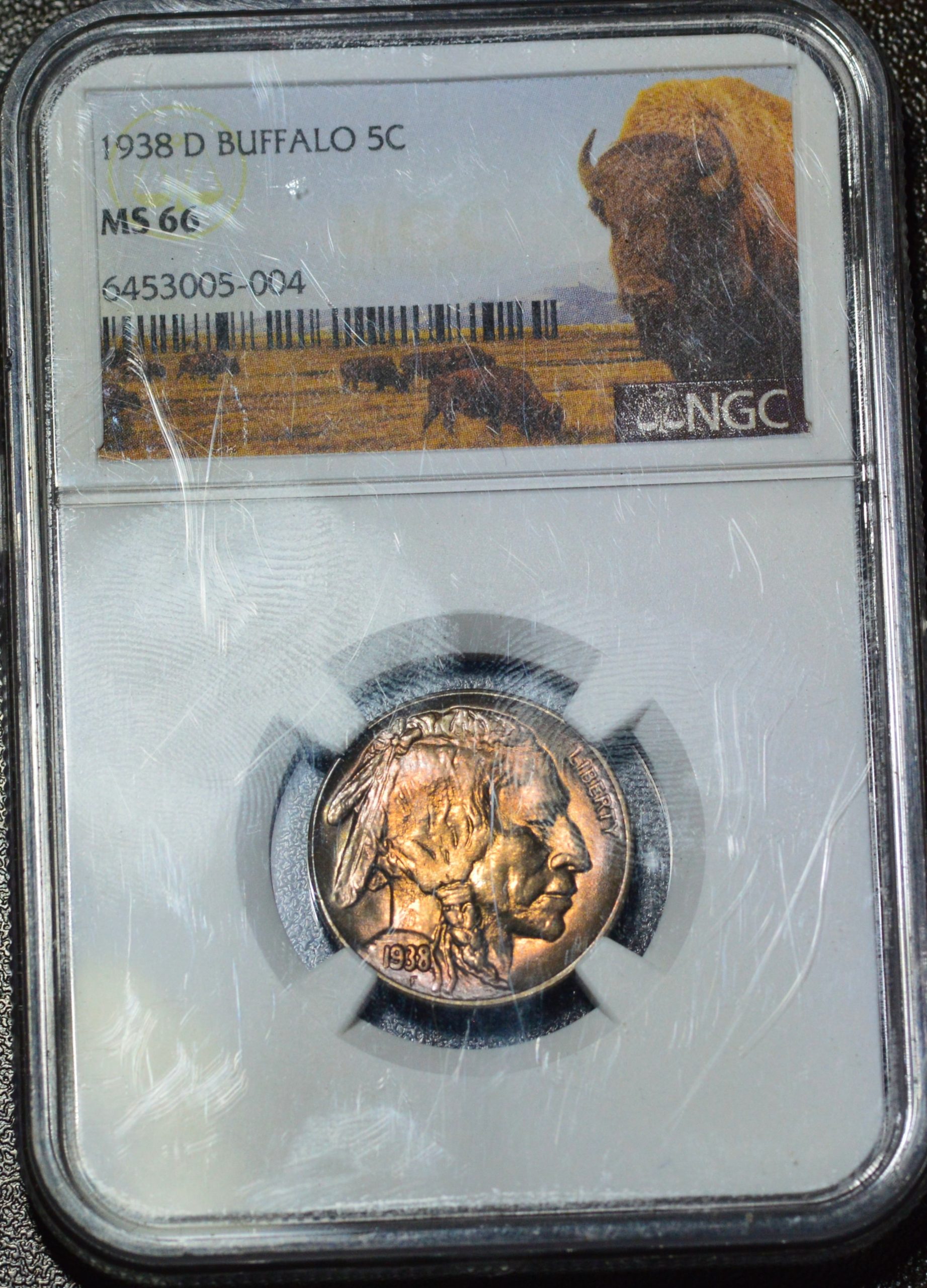 1938-D BUFFALO NICKEL NGC MS66 CUSTOM HOLDER BRIGHT COLORFUL TONING