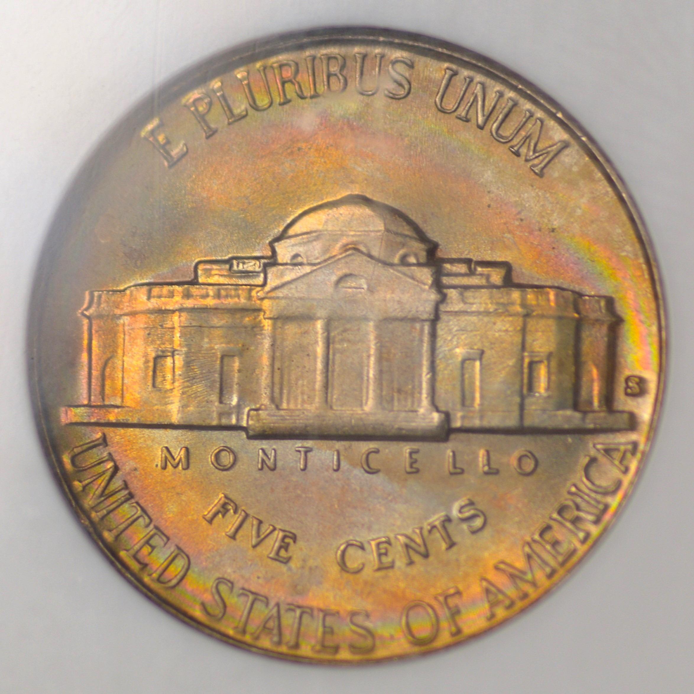 1938-S Jefferson Nickel Pastel Monster Rainbow Toned NGC MS66