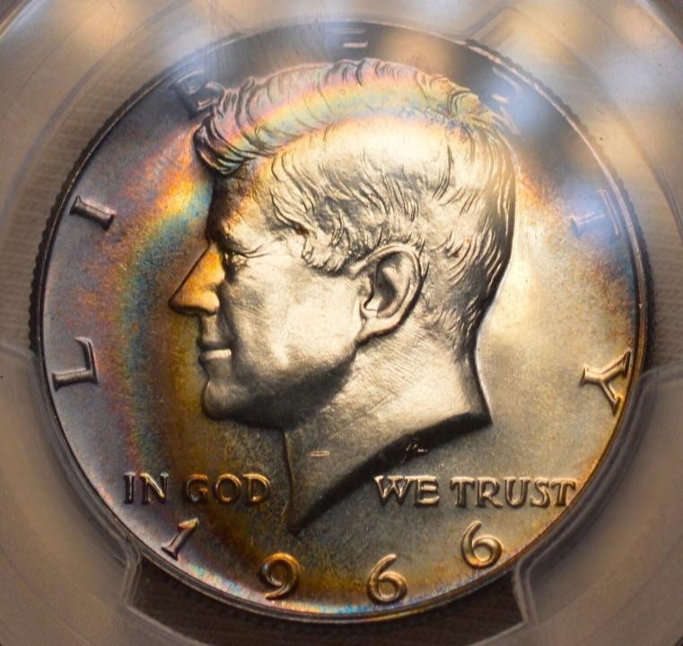 1966 KENNEDY HALF DOLLAR PCGS SP66 TRIPLE DIE OBVERSE GORGEOUS TONING .. .