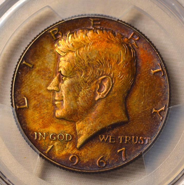 1967 KENNEDY HALF DOLLAR AUBURN RUST COLOR! PCGS MS63 VERY CIRCULATED DOUBLE DIE