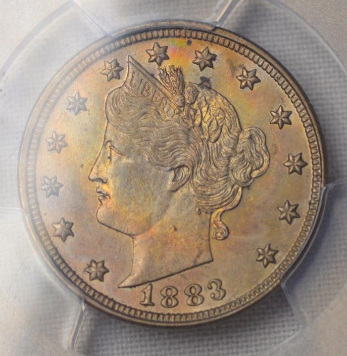 GOOD SET REGISTRY. AMAZING COLORFUL 1883 LIBERTY V NICKEL PCGS AU53