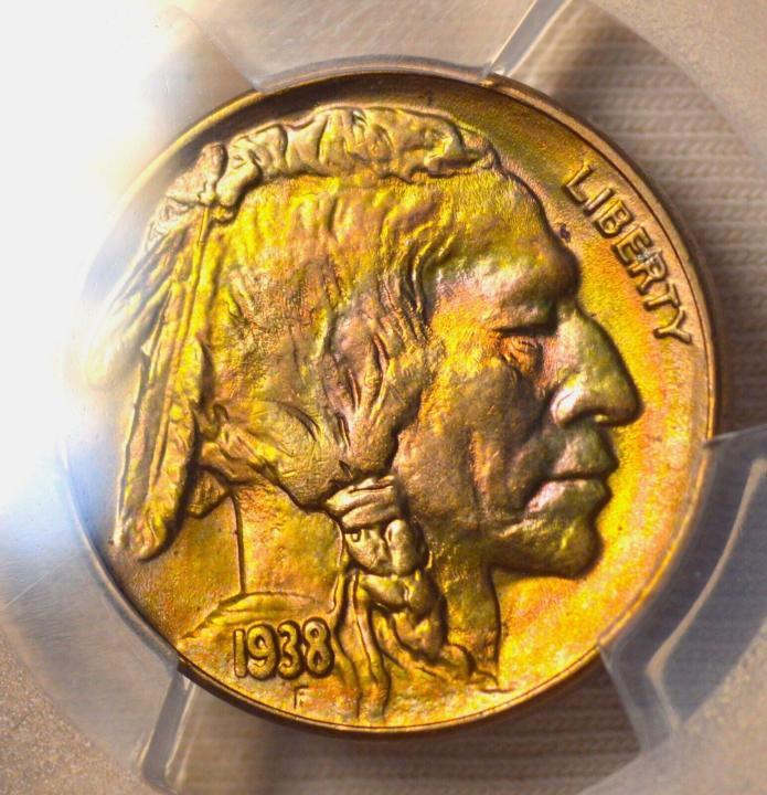 MEGA MONSTER RAINBOW 1938-D BUFFALO NICKEL BEAUTIFUL RAINBOW TONING PCGS MS64