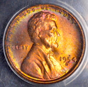 1954-D MEGA MONSTER RAINBOW TONED Lincoln Wheat Cent ANACS MS65 RED BROWN RB
