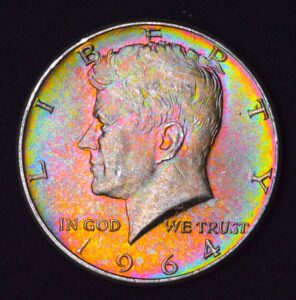 MONSTER LUSTER, MONSTER COLOR. 1964 Kennedy Half Dollar EXTREME RAINBOW ROLL TONER! MONSTER. TRUE MONSTER!