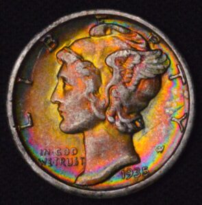 WOWZA!! MONSTER TONED 1935-S Mercury Dime AU/BU MONSTER DOUBLE SIDED VIBRANT RAINBOWS - TRUE ALBUM TONER!