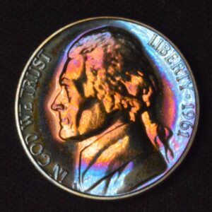 1961 MONSTER TONED Proof Jefferson Nickel, Blues & Yellow
