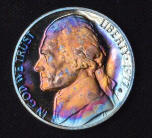1977 Proof Jefferson Nickel BEAUTIFUL BLUEBERRY COLORS!