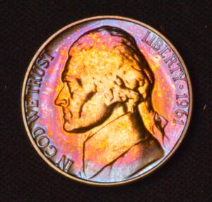 LIGHT FUSION TONING 1961 PROOF JEFFERSON NICKEL