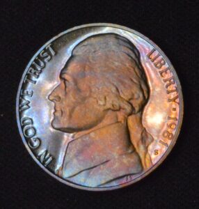 BEAUTIFUL CLEAN SUNSET RAINBOW COLOR 1981 PROOF JEFFERSON NICKEL!