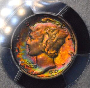 MONSTER TONED 1937-P Mercury Dime GORGEOUS RAINBOWS PCGS AU DETAILS ! Scratch My Ass! There ain't no scratch!!