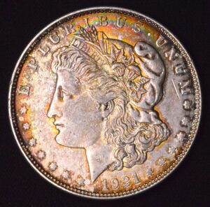 1921-D Morgan Silver Dollar Micro D Variety RAINBOW COLORS ON OBVERSE!! NATURAL!