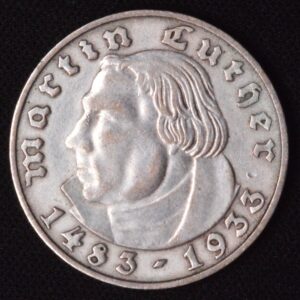 German 1933-D 2 Mark Martin Luther Silver! Spotless White Coin!